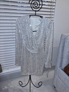 Silver Sequin Draped V-Neck Mini Dress